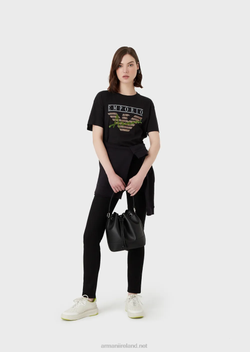 Women 086V432 Light Organic-Jersey T-Shirt With Embossed Fabric Lettering And Logo Print Armani Black