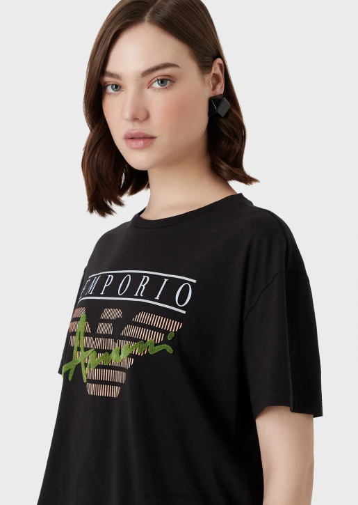 Women 086V432 Light Organic-Jersey T-Shirt With Embossed Fabric Lettering And Logo Print Armani Black