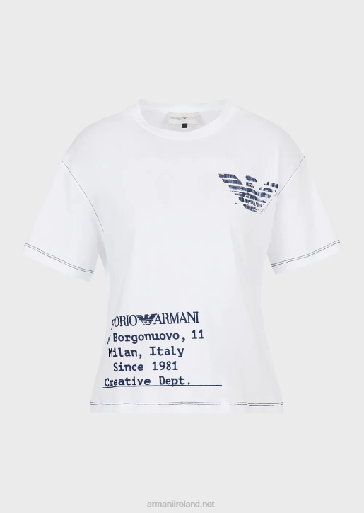 Women 086V433 Mare Capsule Collection Light Jersey T-Shirt With Logo Embroidery And Batik Eagle Armani White