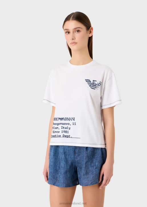 Women 086V433 Mare Capsule Collection Light Jersey T-Shirt With Logo Embroidery And Batik Eagle Armani White