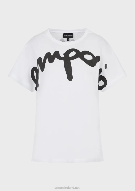 Women 086V434 Light Organic-Jersey T-Shirt With Oversized Rubberised Italic Logo Armani White