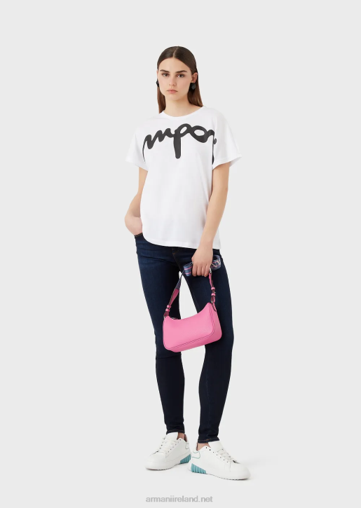 Women 086V434 Light Organic-Jersey T-Shirt With Oversized Rubberised Italic Logo Armani White