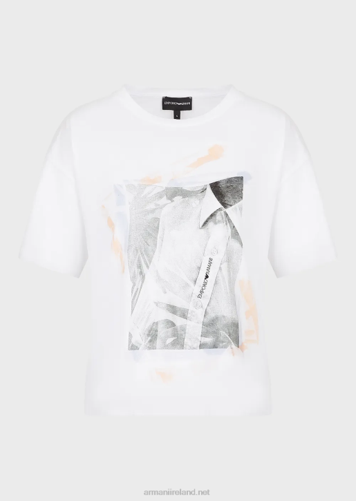 Women 086V436 Medium Organic-Jersey T-Shirt With Close-Up Shirt Print And Embroidery Armani White