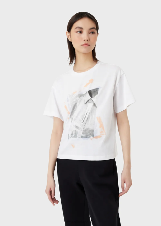 Women 086V436 Medium Organic-Jersey T-Shirt With Close-Up Shirt Print And Embroidery Armani White