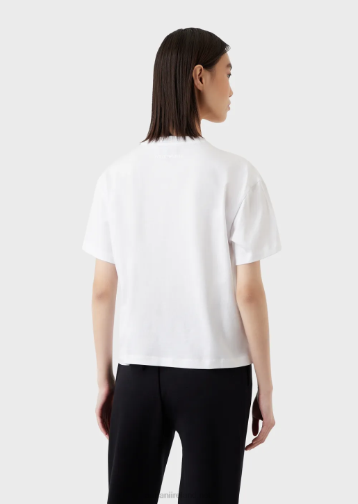 Women 086V436 Medium Organic-Jersey T-Shirt With Close-Up Shirt Print And Embroidery Armani White