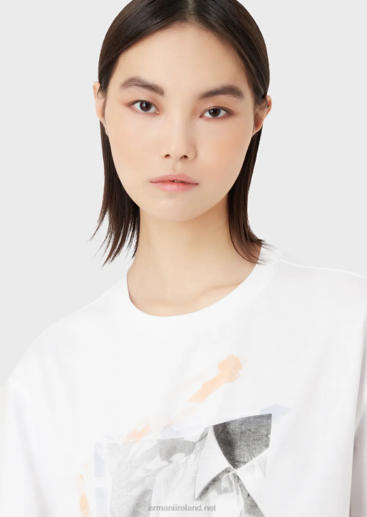 Women 086V436 Medium Organic-Jersey T-Shirt With Close-Up Shirt Print And Embroidery Armani White