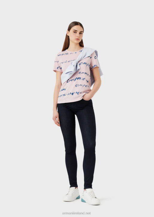 Women 086V437 Slub-Jersey T-Shirt With Logo Print Armani Pink