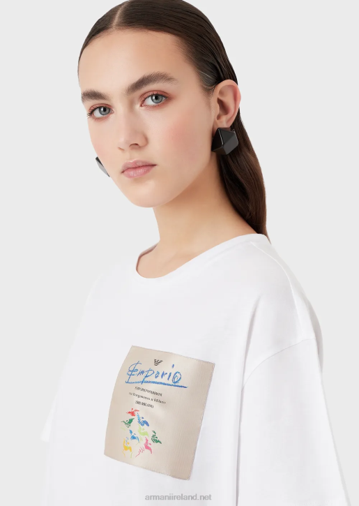 Women 086V440 Light Organic-Jersey T-Shirt With Collection Logo Patch Armani White