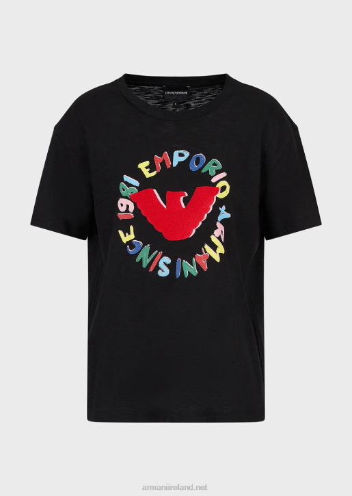 Women 086V441 Slub-Jersey T-Shirt With Eagle Print And Embroidery Armani Black