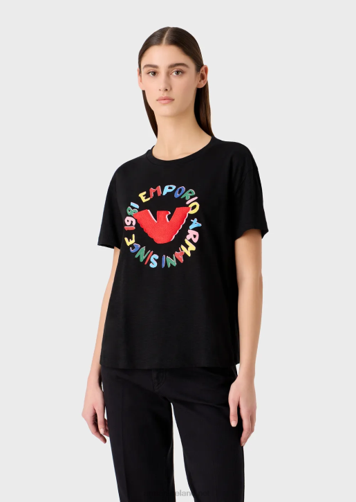 Women 086V441 Slub-Jersey T-Shirt With Eagle Print And Embroidery Armani Black