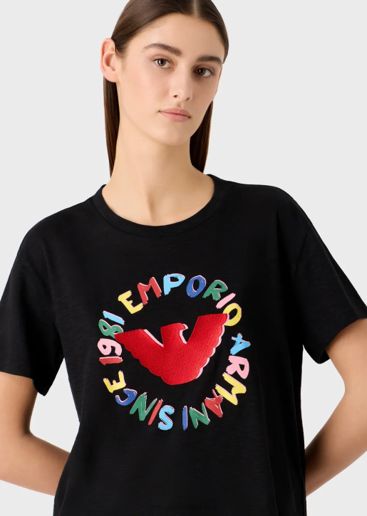 Women 086V441 Slub-Jersey T-Shirt With Eagle Print And Embroidery Armani Black