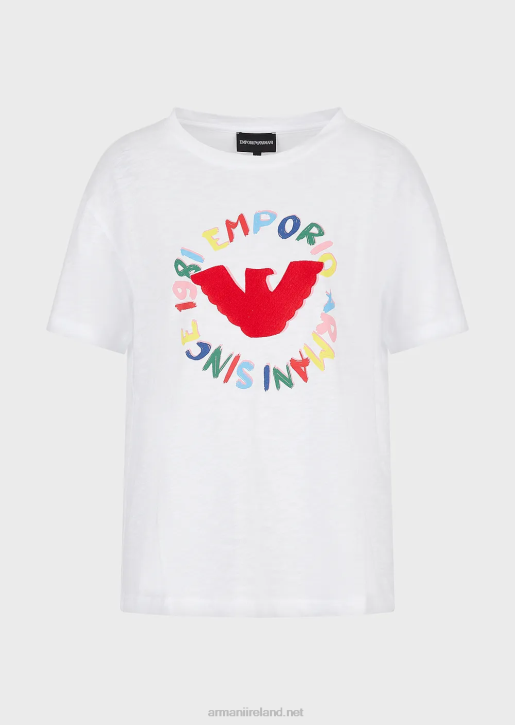 Women 086V442 Slub-Jersey T-Shirt With Eagle Print And Embroidery Armani White