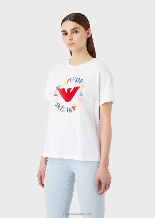 Women 086V442 Slub-Jersey T-Shirt With Eagle Print And Embroidery Armani White