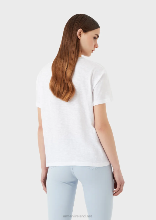 Women 086V442 Slub-Jersey T-Shirt With Eagle Print And Embroidery Armani White