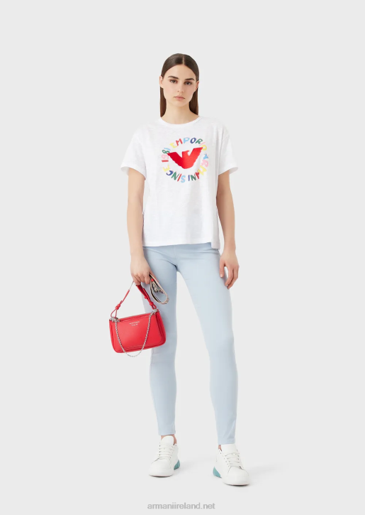 Women 086V442 Slub-Jersey T-Shirt With Eagle Print And Embroidery Armani White