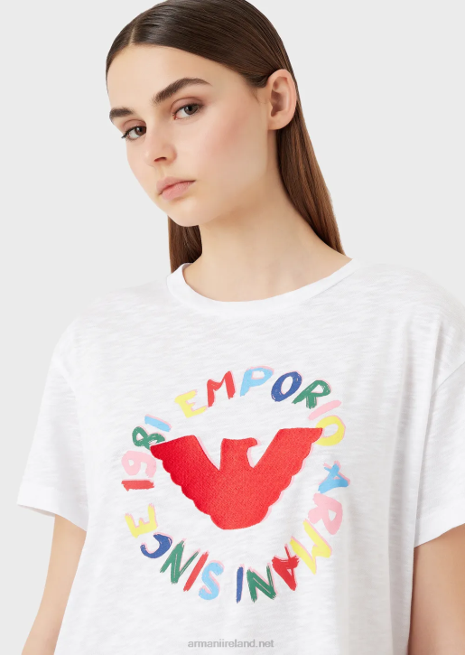 Women 086V442 Slub-Jersey T-Shirt With Eagle Print And Embroidery Armani White
