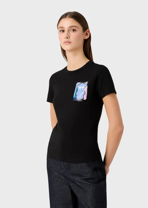 Women 086V453 Stretch-Jersey T-Shirt With Manga Bear Print Armani Black