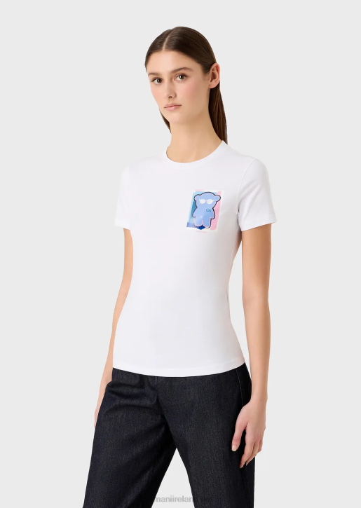 Women 086V454 Stretch-Jersey T-Shirt With Manga Bear Print Armani White