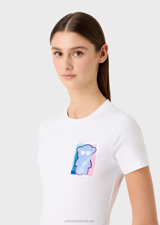 Women 086V454 Stretch-Jersey T-Shirt With Manga Bear Print Armani White