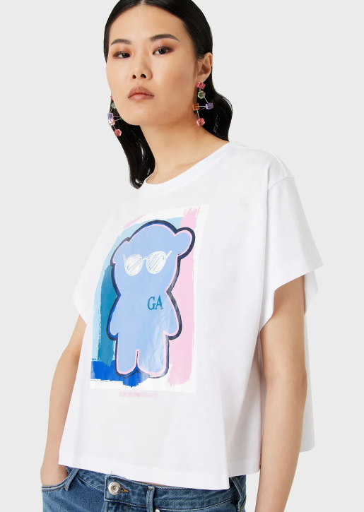 Women 086V455 Light-Jersey Boxy-Fit T-Shirt With Oversized Manga Bear Print Armani White