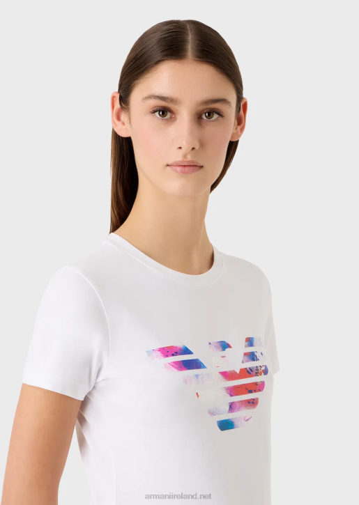 Women 086V458 Stretch-Jersey T-Shirt With Oversized Eagle Pattern Armani White