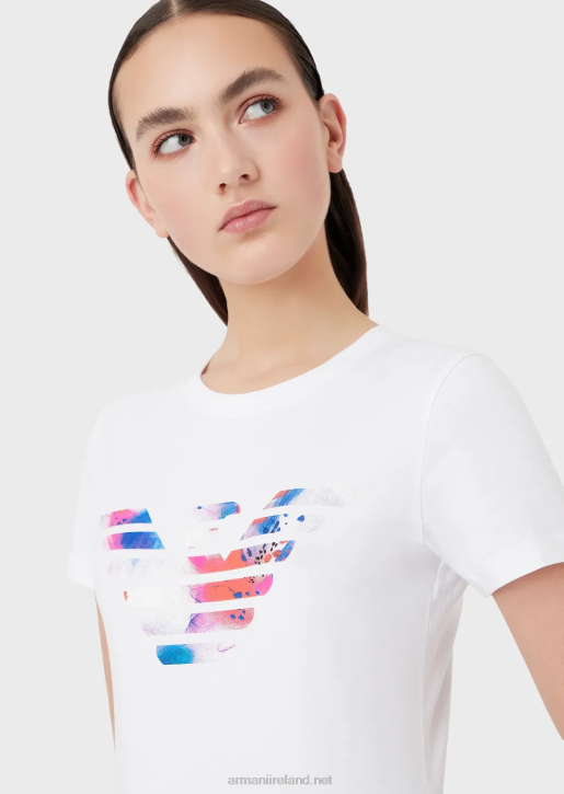 Women 086V458 Stretch-Jersey T-Shirt With Oversized Eagle Pattern Armani White