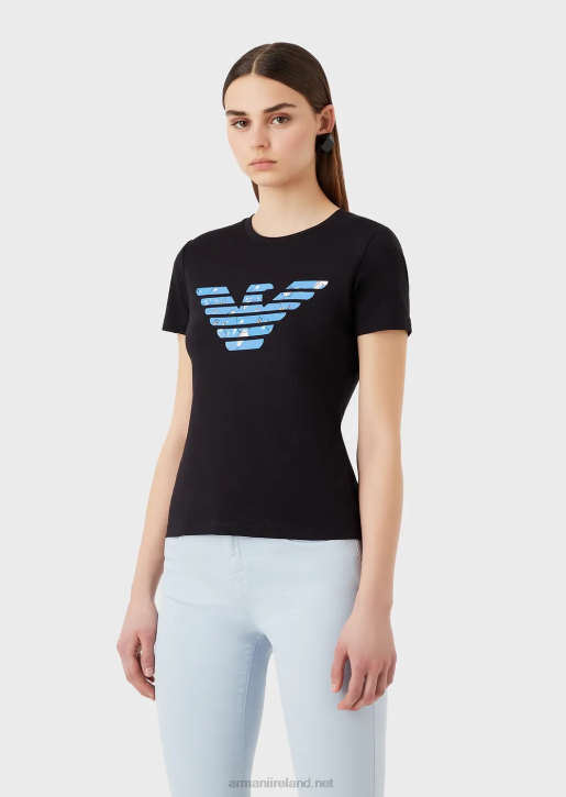 Women 086V459 Stretch-Jersey T-Shirt With Oversized Eagle Pattern Armani Navy Blue