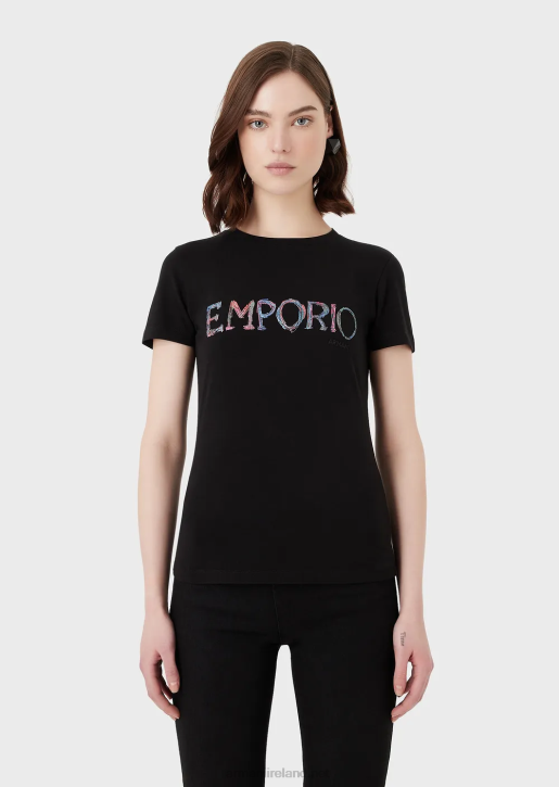 Women 086V460 Organic Stretch Jersey T-Shirt With Multicoloured Logo Embroidery Armani Black
