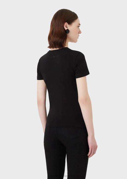 Women 086V460 Organic Stretch Jersey T-Shirt With Multicoloured Logo Embroidery Armani Black