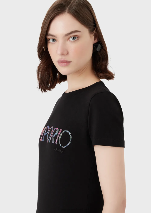 Women 086V460 Organic Stretch Jersey T-Shirt With Multicoloured Logo Embroidery Armani Black