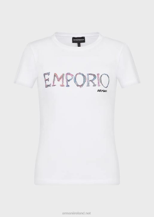 Women 086V461 Organic Stretch Jersey T-Shirt With Multicoloured Logo Embroidery Armani White