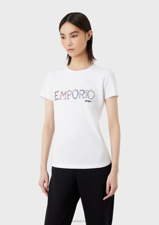 Women 086V461 Organic Stretch Jersey T-Shirt With Multicoloured Logo Embroidery Armani White