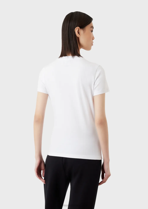 Women 086V461 Organic Stretch Jersey T-Shirt With Multicoloured Logo Embroidery Armani White