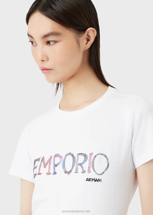 Women 086V461 Organic Stretch Jersey T-Shirt With Multicoloured Logo Embroidery Armani White