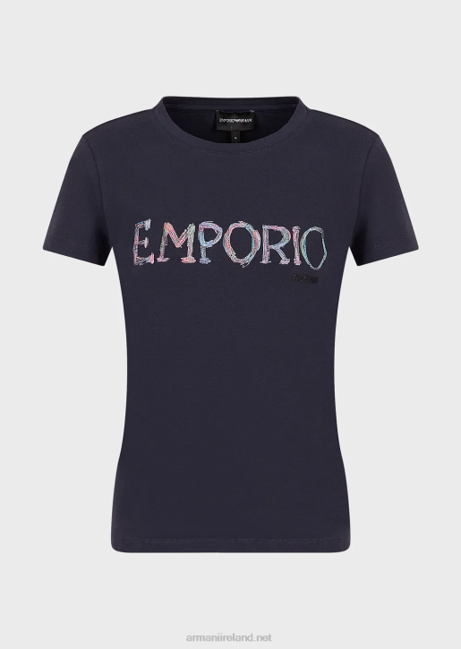 Women 086V462 Organic Stretch Jersey T-Shirt With Multicoloured Logo Embroidery Armani Blue