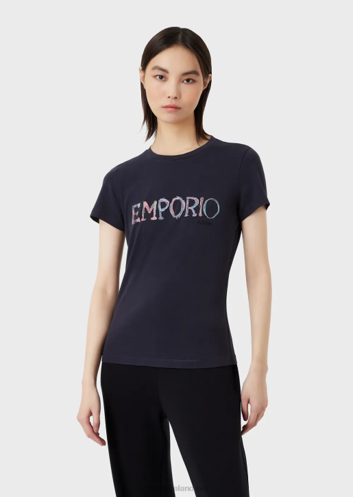 Women 086V462 Organic Stretch Jersey T-Shirt With Multicoloured Logo Embroidery Armani Blue