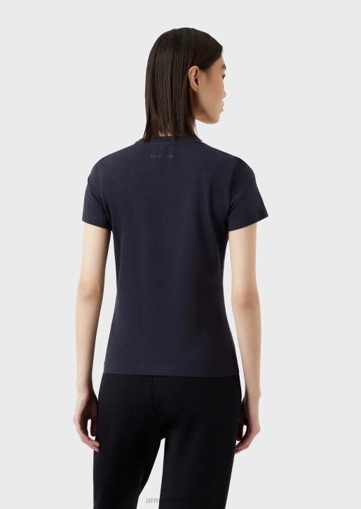 Women 086V462 Organic Stretch Jersey T-Shirt With Multicoloured Logo Embroidery Armani Blue