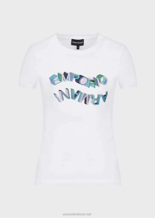 Women 086V463 Organic Stretch-Jersey T-Shirt With Multicoloured Rhinestone Logo Armani White