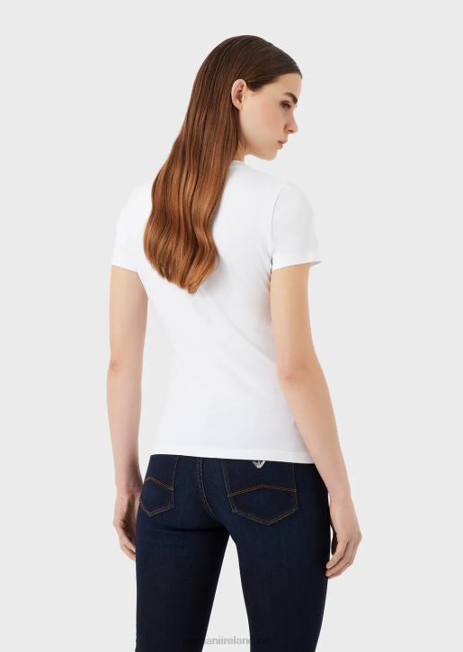 Women 086V463 Organic Stretch-Jersey T-Shirt With Multicoloured Rhinestone Logo Armani White