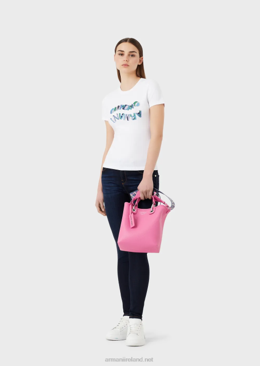 Women 086V463 Organic Stretch-Jersey T-Shirt With Multicoloured Rhinestone Logo Armani White