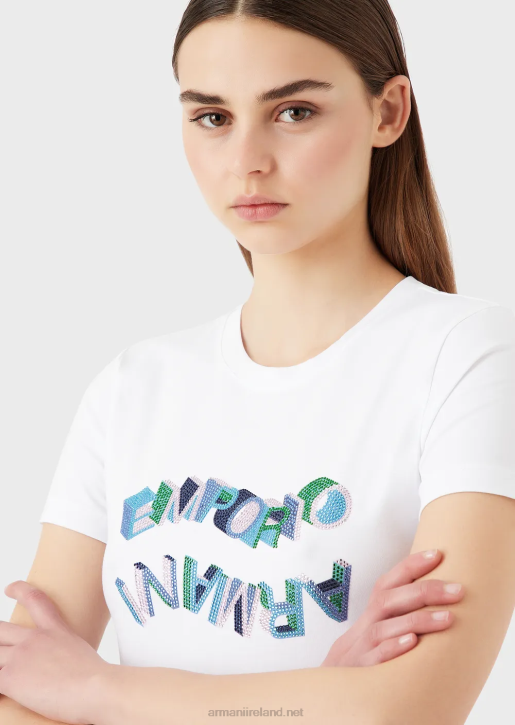 Women 086V463 Organic Stretch-Jersey T-Shirt With Multicoloured Rhinestone Logo Armani White