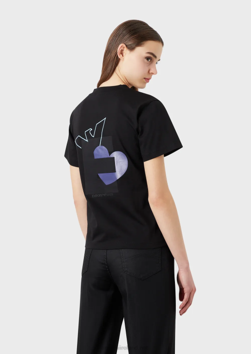 Women 086V464 Organic Stretch Jersey T-Shirt With Oversized E Patch And Print Armani Black