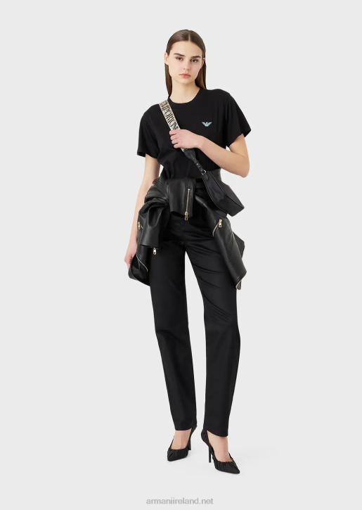 Women 086V464 Organic Stretch Jersey T-Shirt With Oversized E Patch And Print Armani Black