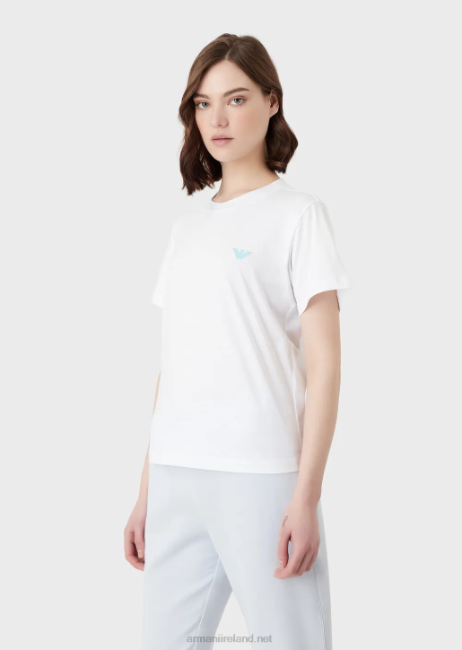 Women 086V465 Organic Stretch Jersey T-Shirt With Oversized E Patch And Print Armani White