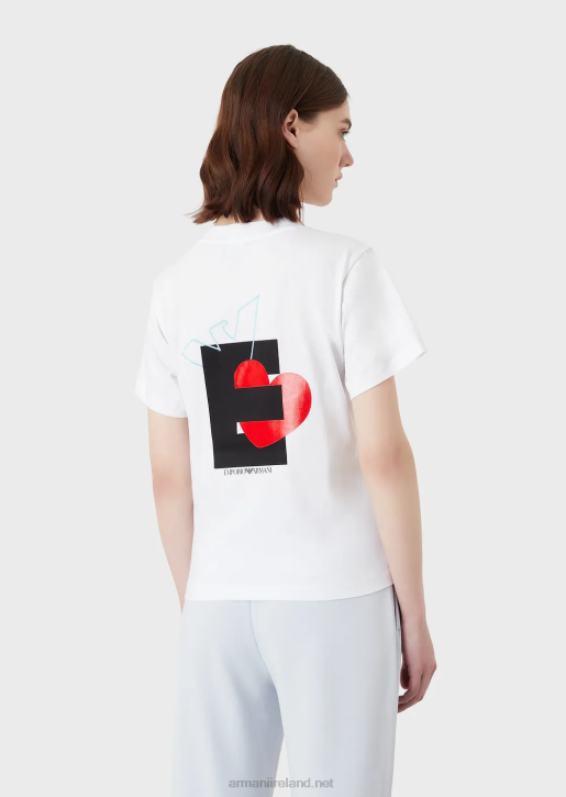 Women 086V465 Organic Stretch Jersey T-Shirt With Oversized E Patch And Print Armani White