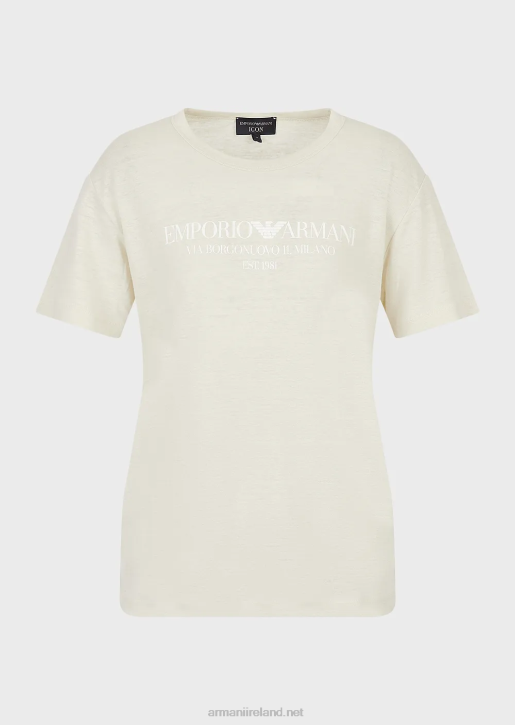 Women 086V467 Linen-Blend Slub Jersey T-Shirt With Logo Armani Beige