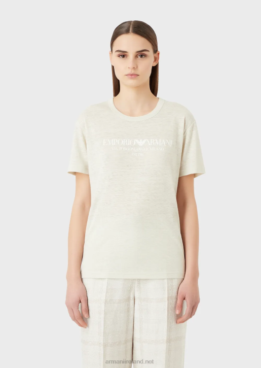 Women 086V467 Linen-Blend Slub Jersey T-Shirt With Logo Armani Beige