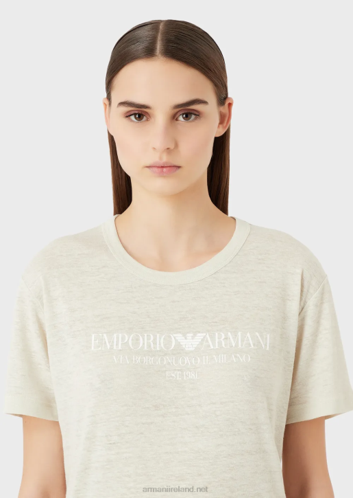 Women 086V467 Linen-Blend Slub Jersey T-Shirt With Logo Armani Beige