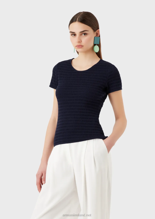 Women 086V473 Short-Sleeved Jumper In Organic Embossed Jacquard Jersey Armani Navy Blue
