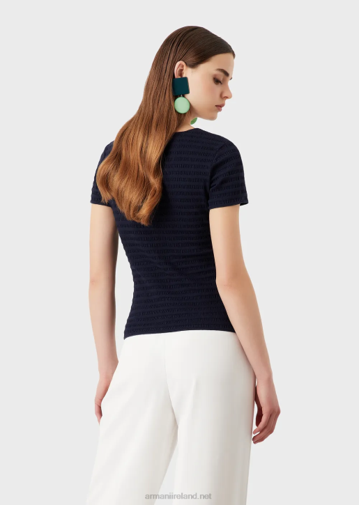 Women 086V473 Short-Sleeved Jumper In Organic Embossed Jacquard Jersey Armani Navy Blue
